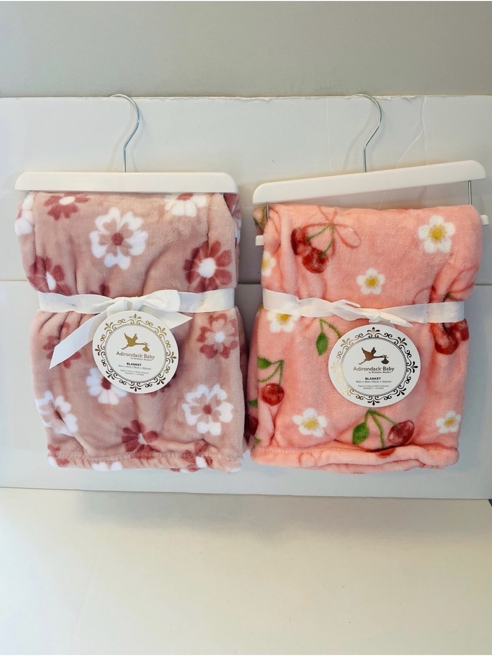 Adirondack Baby by Berkshire Lot of 2 Baby Blankets Pink Flowers Cherries Daisy